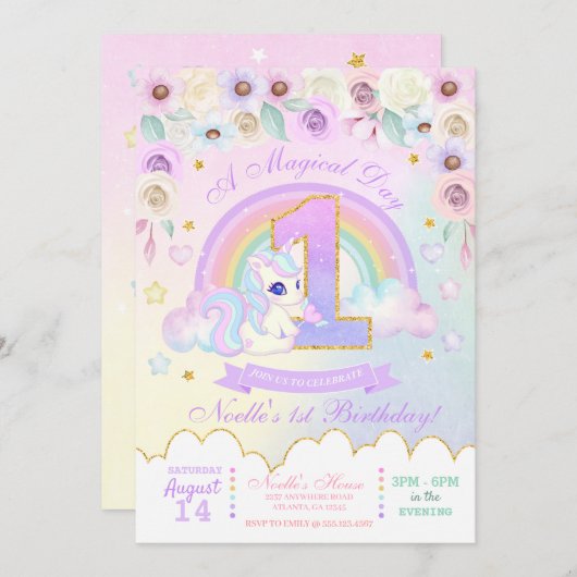 Pastel Rainbow Unicorn Einladung zum ersten Geburt (Vorne/Hinten)