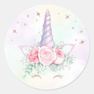 Pastel Rainbow Unicorn Geburtstagskopfsticker Runder Aufkleber
