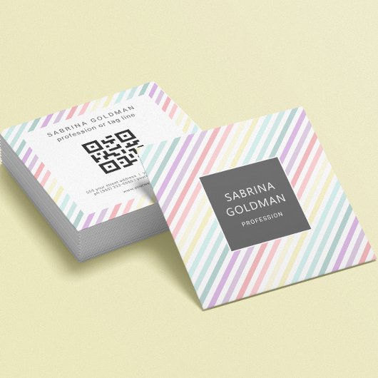 Pastel Rainbow Unicorn Green Stripes QR CODE Quadratische Visitenkarte