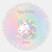 Pastel Rainbow Unicorn Happy Birthday Runder Aufkleber (Vorderseite)