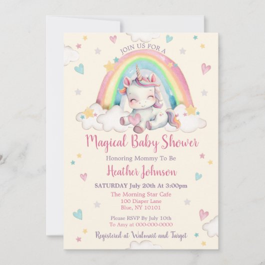 Pastel Rainbow Unicorn Kinderdusche Einladung (Vorderseite)