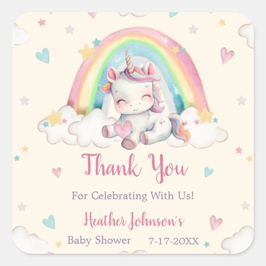 Pastel Rainbow Unicorn Kinderdusche Quadratischer Aufkleber (Vorderseite)