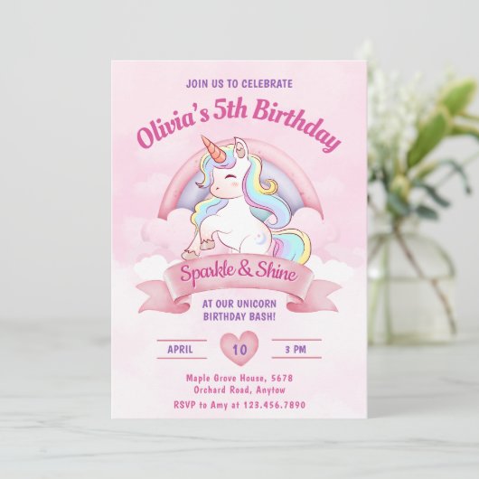 Pastel Rainbow Unicorn Magical Birthday Party Einladung (Stehend Vorderseite)
