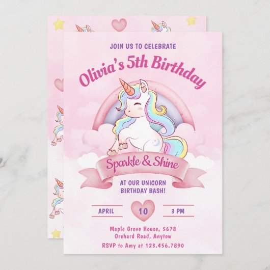 Pastel Rainbow Unicorn Magical Birthday Party Einladung (Vorne/Hinten)