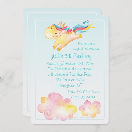 Pastel Rainbow Unicorn mit süßen Wolken Einladung (Vorne/Hinten)