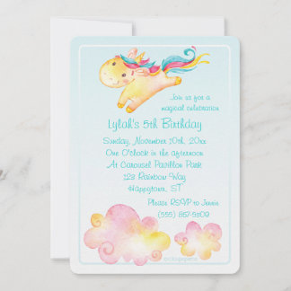 Pastel Rainbow Unicorn mit süßen Wolken Einladung