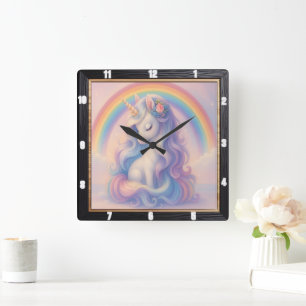 Pastel Rainbow Unicorn Quadratische Wanduhr