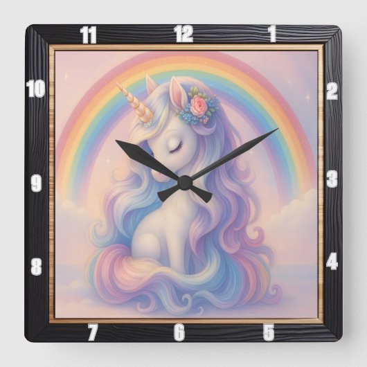Pastel Rainbow Unicorn Quadratische Wanduhr (Vorderseite)
