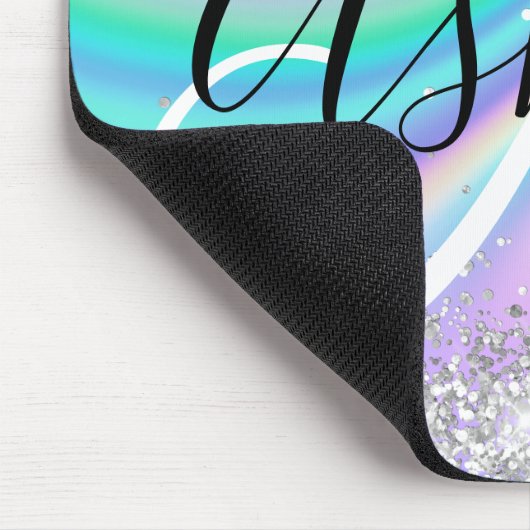 Pastel Rainbow Wave Ombre Silver Glitzer Monogram Mousepad (Ecke)