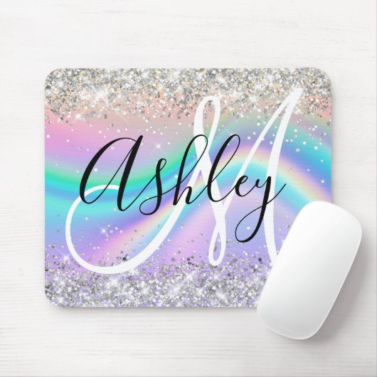 Pastel Rainbow Wave Ombre Silver Glitzer Monogram Mousepad (Mit Mouse)