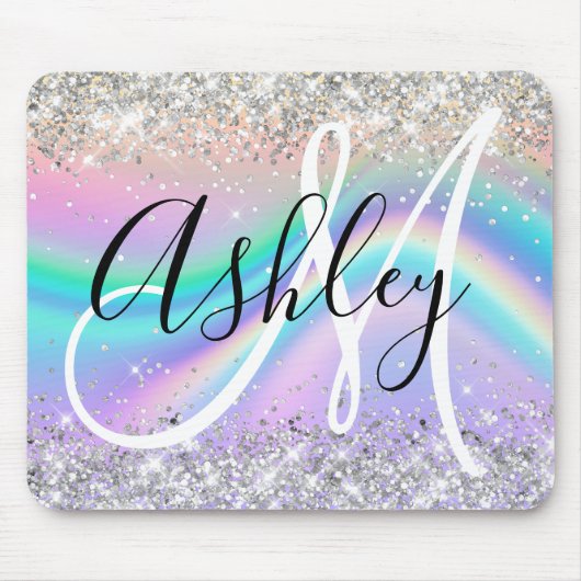 Pastel Rainbow Wave Ombre Silver Glitzer Monogram Mousepad (Vorne)
