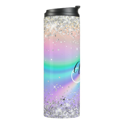 Pastel Rainbow Wave Ombre Silver Glitzer Monogram Thermosbecher (Nach links gedreht)