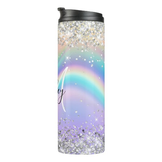 Pastel Rainbow Wave Ombre Silver Glitzer Monogram Thermosbecher (Nach rechts gedreht)