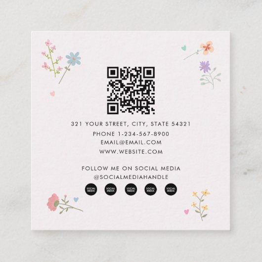 Pastel Rainbows Girly Wildblumen Babysitter Quadratische Visitenkarte (Rückseite)