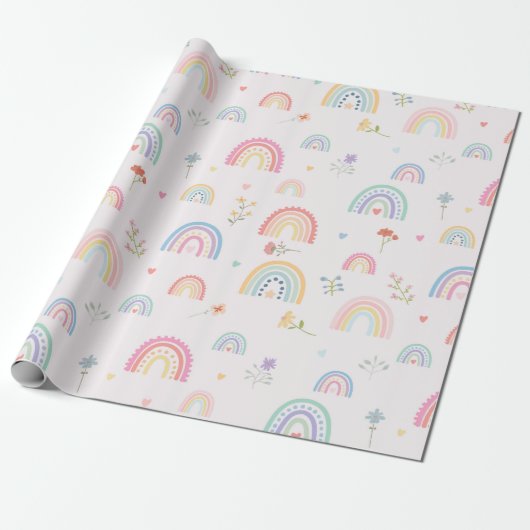 Pastel Rainbows Girly Wildblumen & Herz Geschenkpapier (Ungerollt)