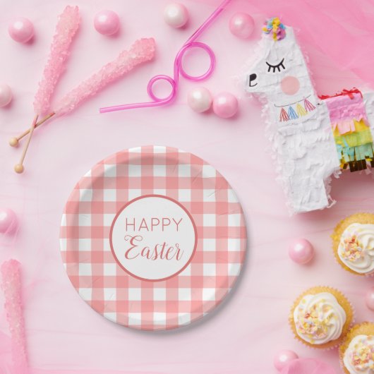 Pastel Raspberry Red Happy Oaster Kariertes Muster Pappteller (Party)