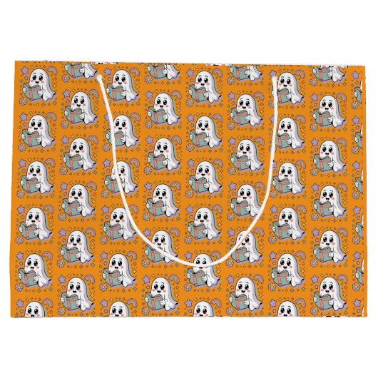 Pastel Reading Book Retro Ghosts Kawaii Muster Große Geschenktüte (Rückseite)