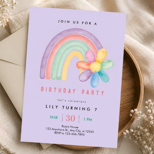 Pastel Regenbogen 7. Geburtstag Einladung