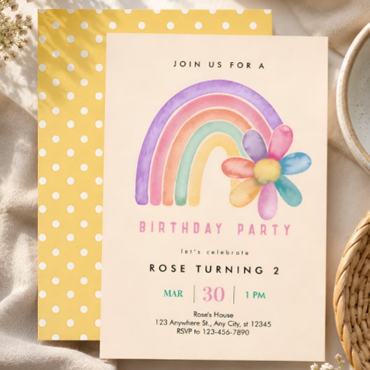Pastel Regenbogen-Blume 2. Geburtstag Einladung