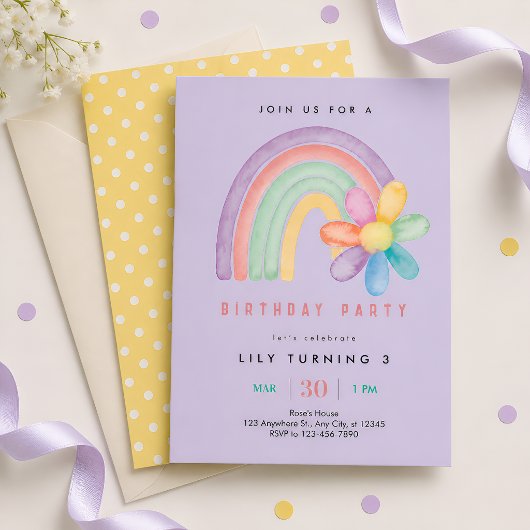 Pastel-Regenbogen-Blumen 3. Geburtstag Einladung