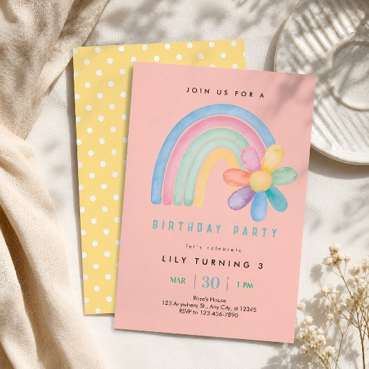 Pastel-Regenbogen-Blumen 3. Geburtstag Einladung