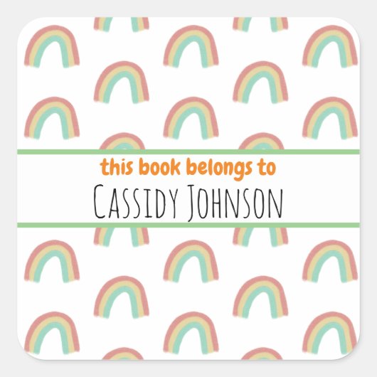 Pastel Regenbogen dieses Buch gehört Kindern Buchz Quadratischer Aufkleber (Vorderseite)