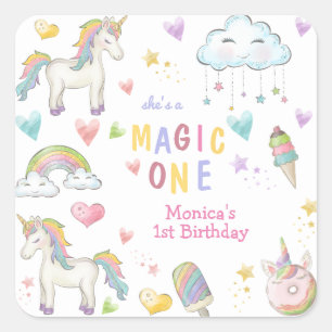 Pastel Regenbogen Einhornmagie eines Geburtstags Quadratischer Aufkleber