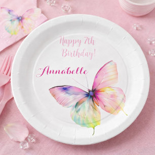 Pastel-Regenbogen-Schmetterling 7. Geburtstagsfeie Pappteller