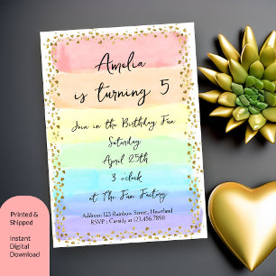 Pastel-Regenbogen und goldene Herzen Geburtstag in Einladung