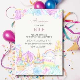 Pastel Regenbogenfarbe Einhorn Süßigkeiten Geburts Einladung
