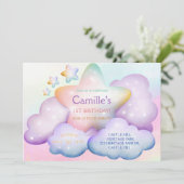 Pastel Regenbogenstar & Wolken Geburtstag Einladun Einladung (Stehend Vorderseite)