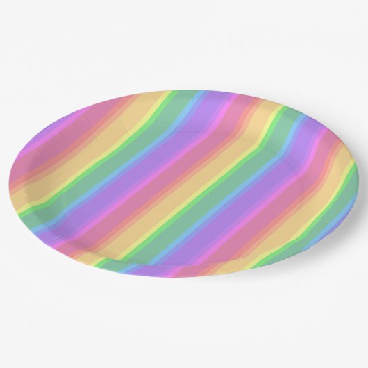 Pastel-Regenbogenstreifen Pappteller (Schrägansicht)