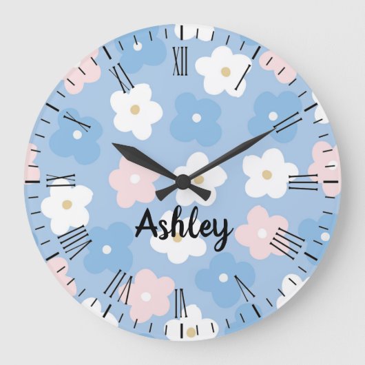 Pastel Retro Blume auf blau Große Wanduhr (Vorderseite)