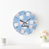 Pastel Retro Blume auf blau Große Wanduhr (Zuhause)