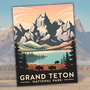 Pastel Retro Grand Teton Nationalpark mit Bison Postkarte
