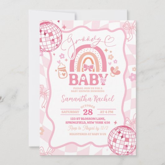 Pastel Retro Rainbow Groovy Baby Shower Einladung (Vorderseite)