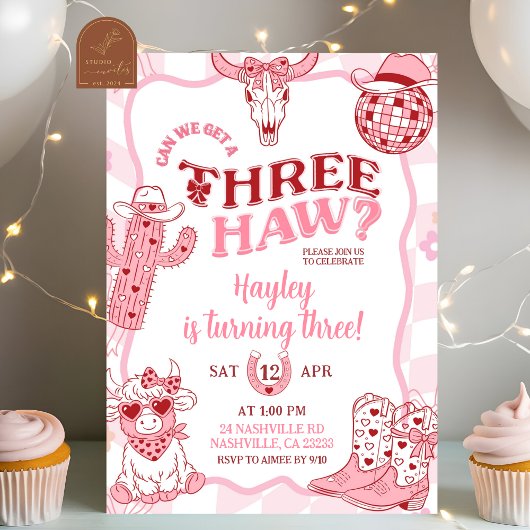 Pastel Retro Threehaw Cowgirl Birthday party Einladung