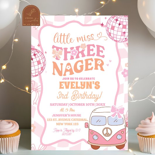 Pastel Retro Van Groovy Little Miss Threenager Einladung