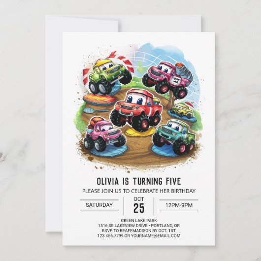 Pastel Road Monster Truck Birthday Einladung (Vorderseite)