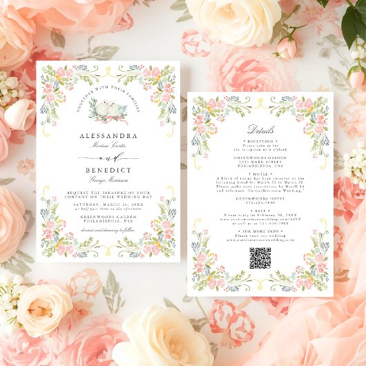 Pastel Rococo Garden Ornate Floral Wedding QR Einladung