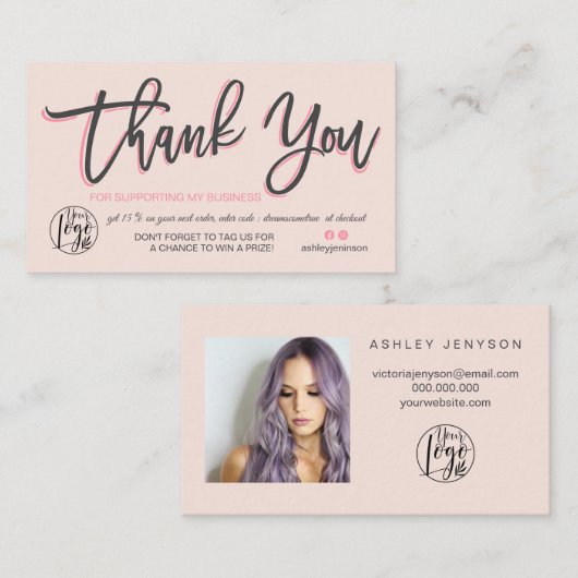 Pastel rosa Drehbuch Foto Logo Reihenfolge danke Visitenkarte (Vorne/Hinten)