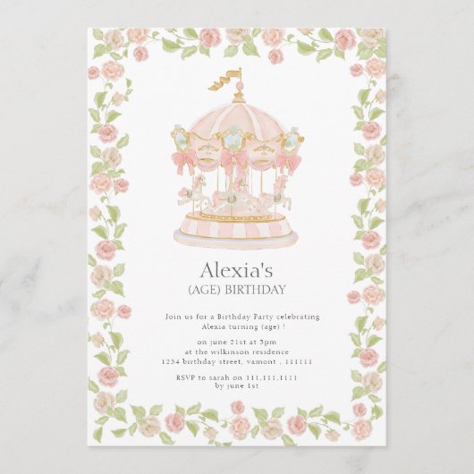 Pastel Rose Garden Carousel Birthday Party Einladung (Vorderseite)