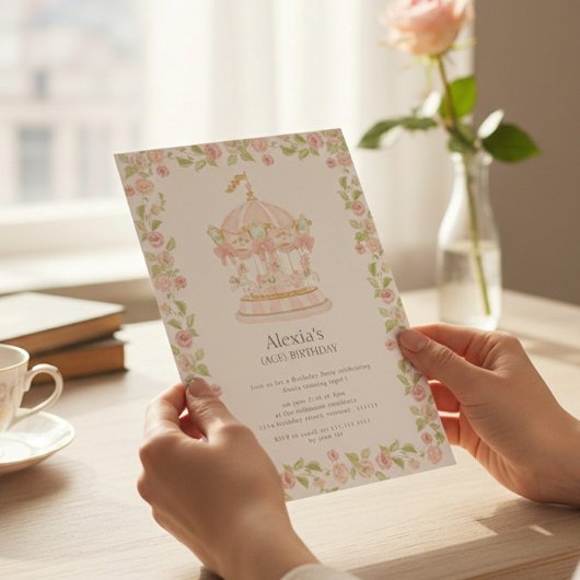Pastel Rose Garden Carousel Birthday Party Einladung
