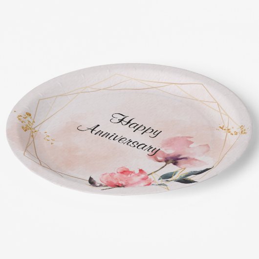 Pastel Rose glücklicher Jahrestag Pappteller (Schrägansicht)