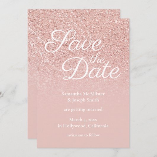 Pastel Rose Gold Blush Ombre Glitzer Save the Date Einladung (Vorne/Hinten)