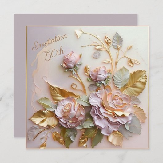Pastel Rosegold Skulpturierte Rose 50. Save The Date (Vorne/Hinten)