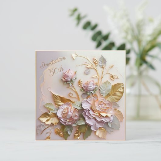 Pastel Rosegold Skulpturierte Rose 50. Save The Date (Stehend Vorderseite)