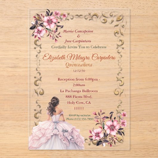 Pastel Rosewater Blush Pink Quinceañera Acryleinladungen (Vorderseite)