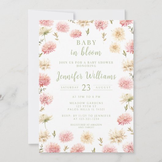 Pastel rot Rosa Baby in Blütendusche Einladung (Vorderseite)