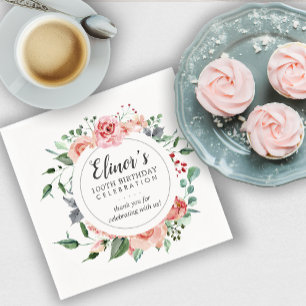 Pastel Rote Rose Floral 100. Geburtstag Vielen Dan Serviette